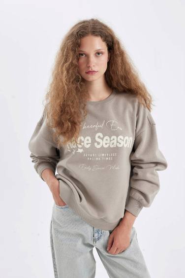 Loose Fit Bisiklet Yaka Baskılı Kalın Sweatshirt