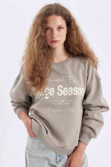 Loose Fit Crew Neck Printed Thick Sweatshirt