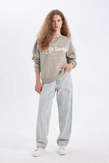 Loose Fit Bisiklet Yaka Baskılı Kalın Sweatshirt
