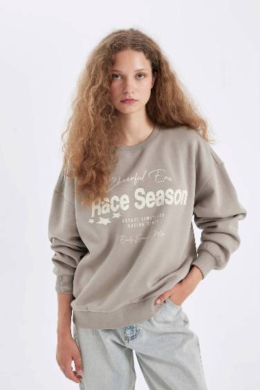 Loose Fit Bisiklet Yaka Baskılı Kalın Sweatshirt