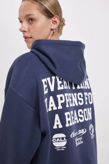 Lacivert Oversize Fit Geniş Kalıp Kapüşonlu Cepli Sırt Baskılı Kalın Sweatshirt