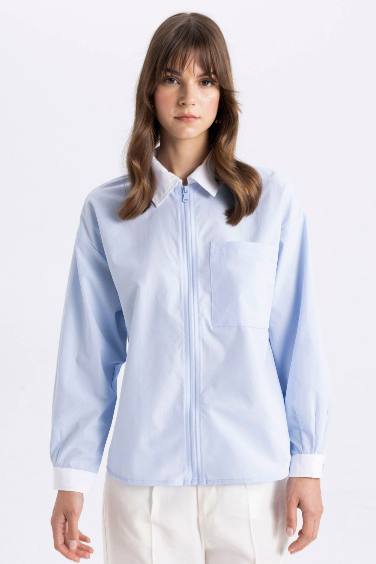 Relax Fit Zippered Poplin Long Sleeve Shirt Tunic