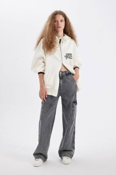 Oversize Geniş Kalıp Kapüşonlu Sırt Baskılı Kalın Fermuarlı Sweatshirt