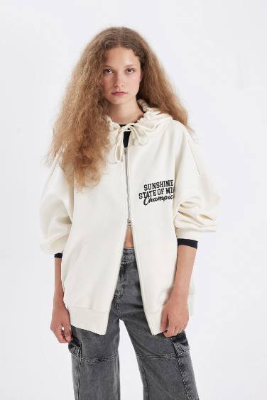 Oversize Geniş Kalıp Kapüşonlu Sırt Baskılı Kalın Fermuarlı Sweatshirt
