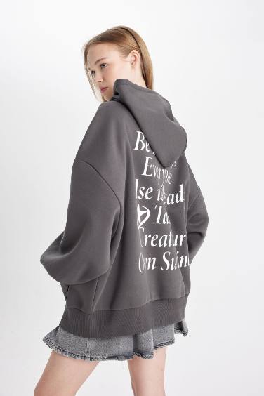 Oversize Fit Hooded Thick Sweatshirt Fabric Cardigan