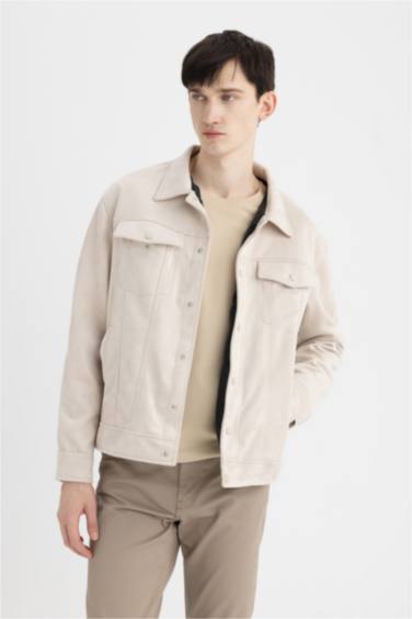 Slim Fit Shirt Collar Taffeta Suede Jacket