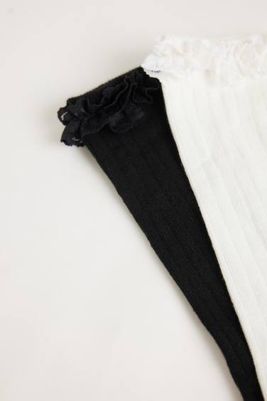 Kız Çocuk 2'li Pamuklu Diz Altı Okul Çorabı