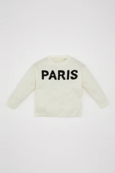 Baby Girl Beige Paris Printed Crew Neck Knitted Pullover