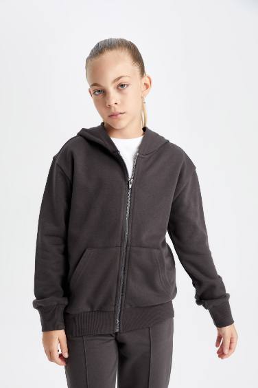 Girl Basic Hooded Zippered School Cardigan