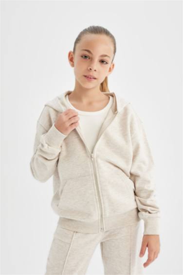 Kız Çocuk Basic Düz Kapüşonlu Fermuarlı Okul Hırkası