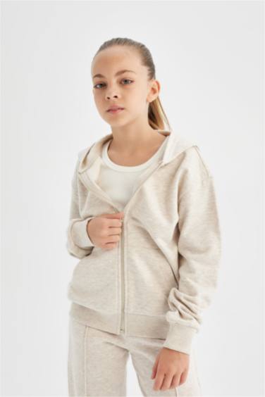 Kız Çocuk Basic Düz Kapüşonlu Fermuarlı Okul Hırkası