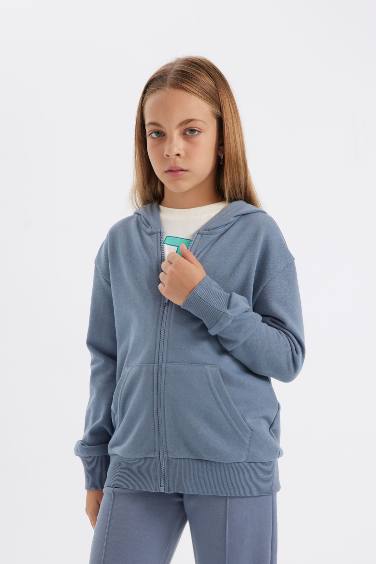 Girl Basic Hooded Zippered School Cardigan