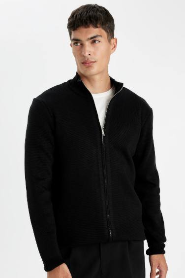 Black Standard Fit Stand Collar Zippered Knitwear Cardigan