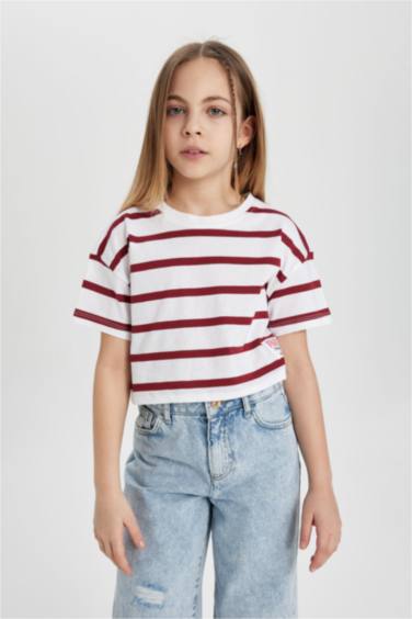 Girl Combed Cotton Striped Short Sleeve T-Shirt