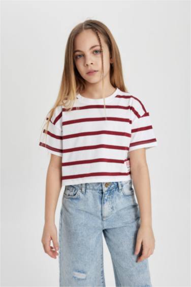 Girl Combed Cotton Striped Short Sleeve T-Shirt