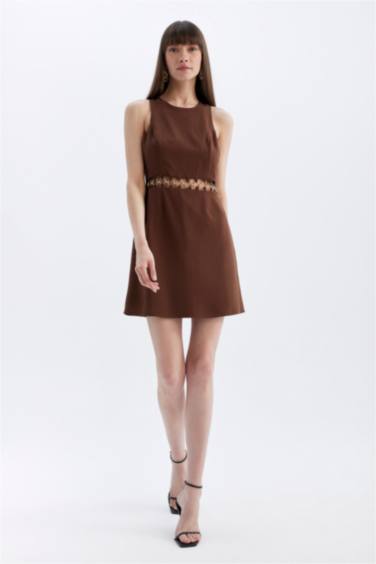 A-Line Round Neck Linen Blend Sleeveless Midi Dress