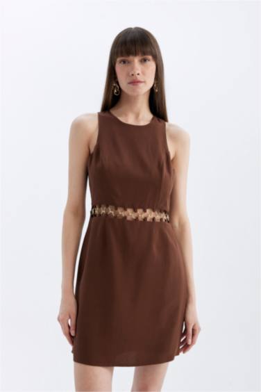 A-Line Round Neck Linen Blend Sleeveless Midi Dress