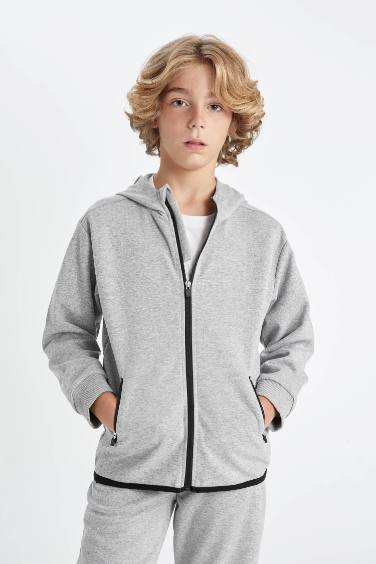 Boy Gray Hooded Zippered School Sweatshirt