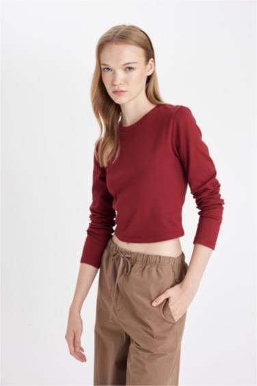 Coool Fitted Bisiklet Yaka Ribana Basic Düz Uzun Kollu Tişört