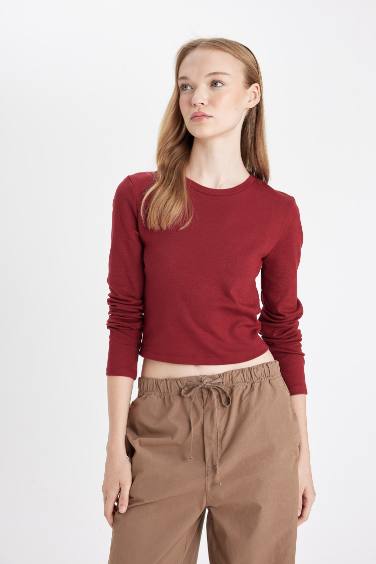 Coool Fitted Bisiklet Yaka Ribana Basic Düz Uzun Kollu Tişört