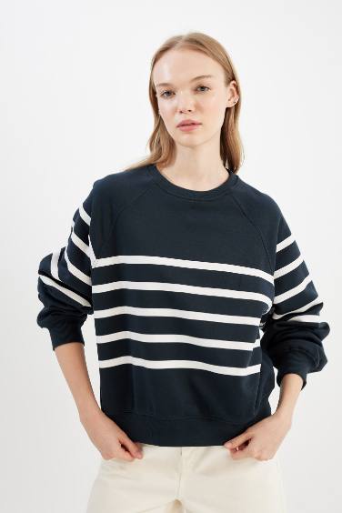 Coool Oversize Geniş Kalıp Bisiklet Yaka Çizgili Kalın Sweatshirt