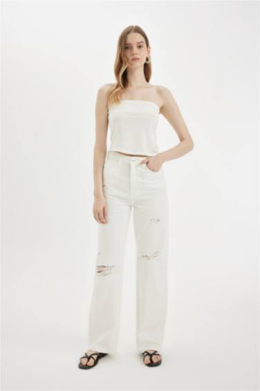 90 Wide Leg Ripped Detailed High Waist Long Jeans