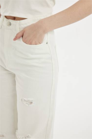 90 Wide Leg Ripped Detailed High Waist Long Jeans