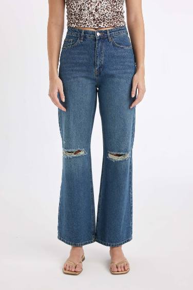 90's Wide Leg Ripped Detailed High Waist Long Washed Jeans