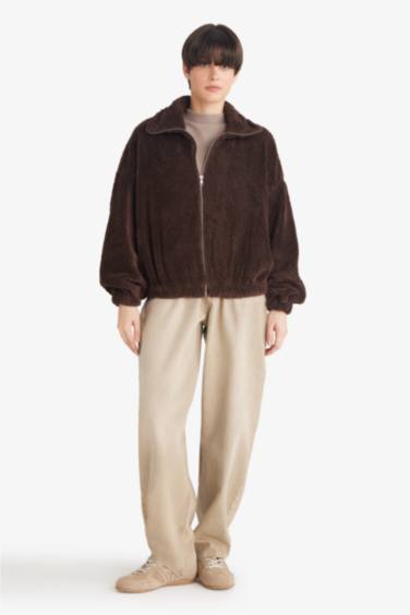 Oversize Geniş Kalıp Polo Yaka Welsoft Pelüş Fermuarlı Hırka