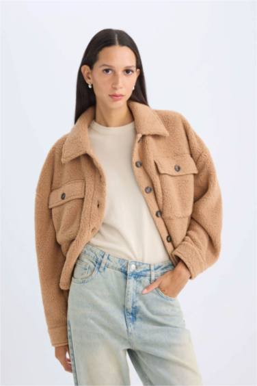 Relax Fit Polo Yaka Düğmeli Cepli Welsoft Pelüş Gömlek Ceket