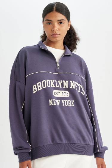 DeFactoFit NBA Brooklyn Nets Oversize Geniş Kalıp Yarım Fermuarlı Dik Yaka Sweatshirt