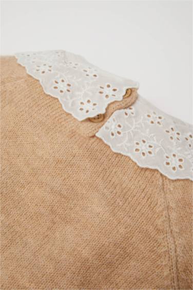 Baby Girl Beige Lace Look Collar Knitted Pullover