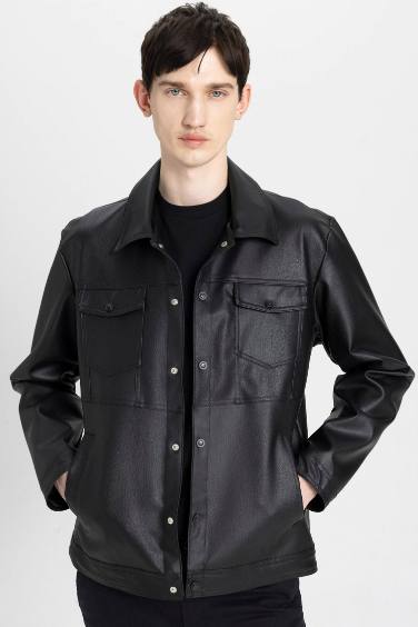 Slim Fit Shirt Collar Taffeta Faux Leather Jacket