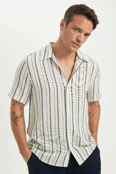 Regular Fit Polo Neck Striped Cotton Shirt