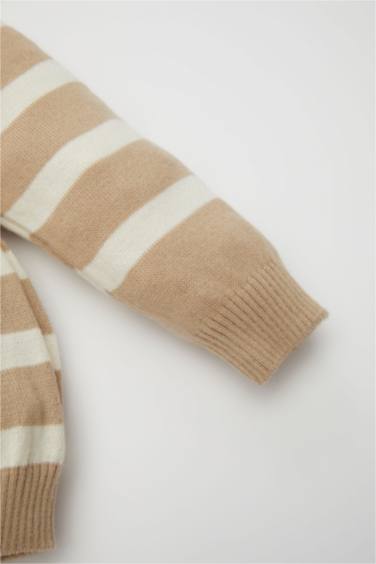 Kız Bebek 2'li Takım Çizgili Polo Yaka Triko Kazak İspanyol Paça Triko Tayt