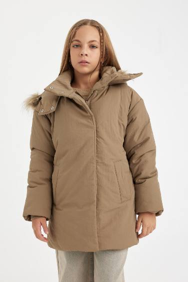 Парка со съемным капюшоном на воротнике из искусственного меха для девочек