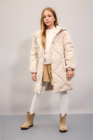 Su Geçirmez Kapüşonlu Uzun Şişme Mont Parka Kapitoneli Fermuarlı Cepli Kız Çocuk