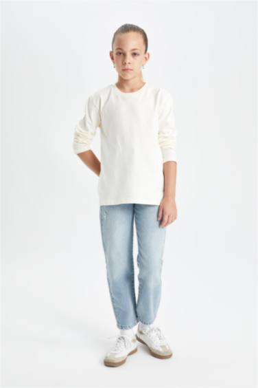 Mom Jean avec détails déchirés à jambes étroites et poches pour Fille