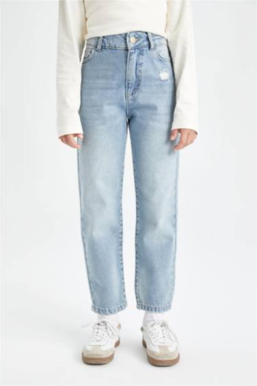 Mom Jean avec détails déchirés à jambes étroites et poches pour Fille