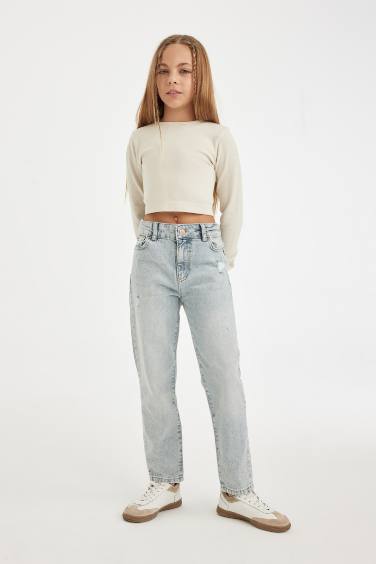 Girl Mom Fit Ripped Detailed Skinny Leg Jeans