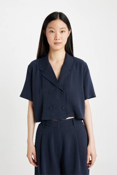 Polo Collar Linen Blend Short Sleeve Crop Shirt