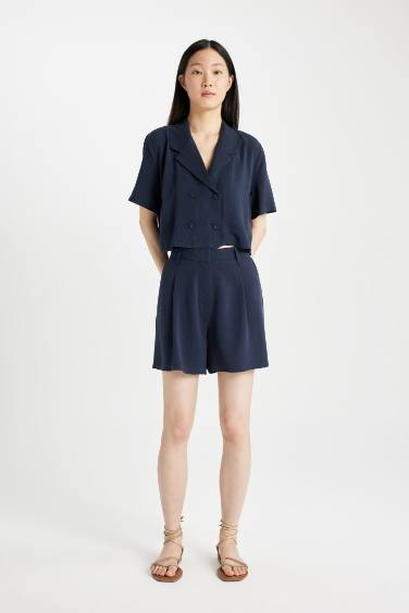 Cropped Fit Polo Yaka Keten Karışımlı Kısa Kollu Gömlek