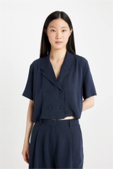 Cropped Fit Polo Yaka Keten Karışımlı Kısa Kollu Gömlek