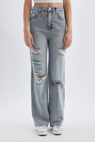 Wide Leg Ripped Detailed High Waist Long Washed Jeans