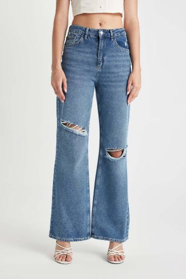 90 Wide Leg Ripped Detailed High Waist Long Washed Jeans