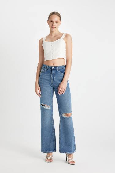 90 Wide Leg Ripped Detailed High Waist Long Washed Jeans