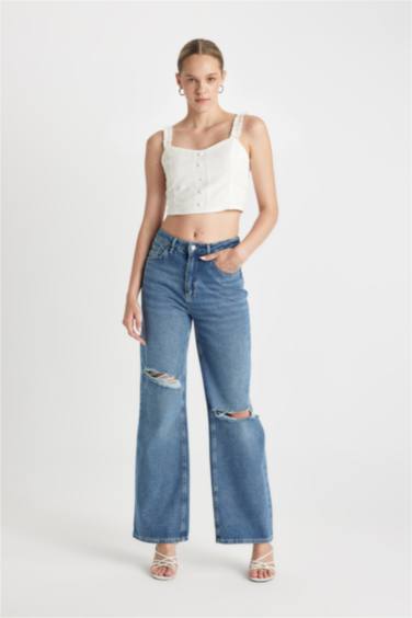 90 Wide Leg Ripped Detailed High Waist Long Washed Jeans