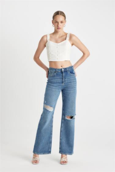 90 Wide Leg Ripped Detailed High Waist Long Washed Jeans