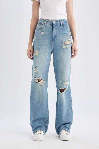 Pantalon Jean Long à Taille Haute Large Style des Années 90 avec Détails Déchirés