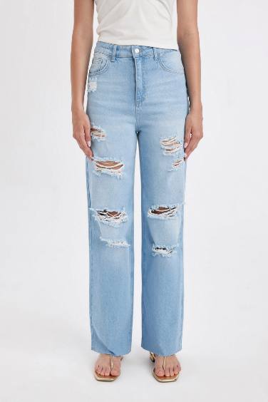 Pantalon Jean 90'S à Jambe Large et Taille Haute avec Détail Déchiré Lavage Vintage